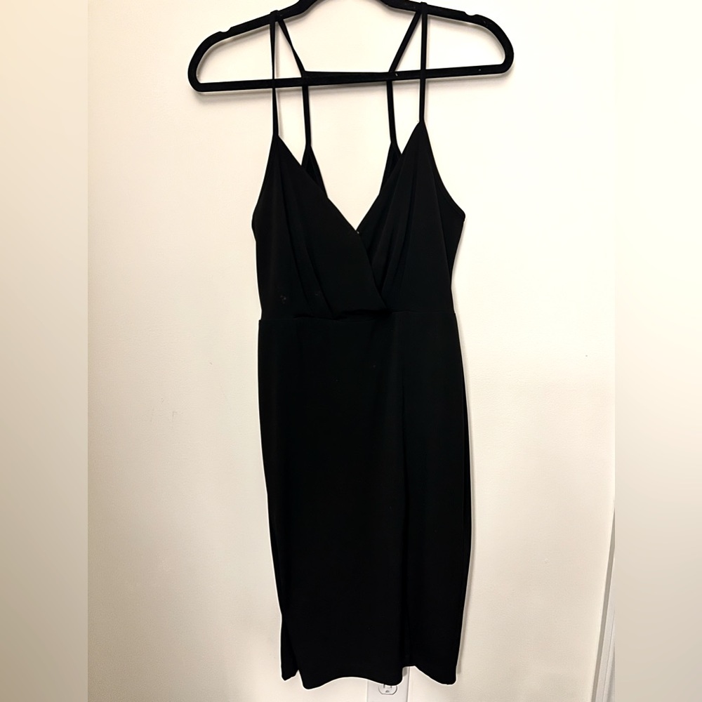 BCBG Black Straight Midi Dress with Pockets and side leg slit